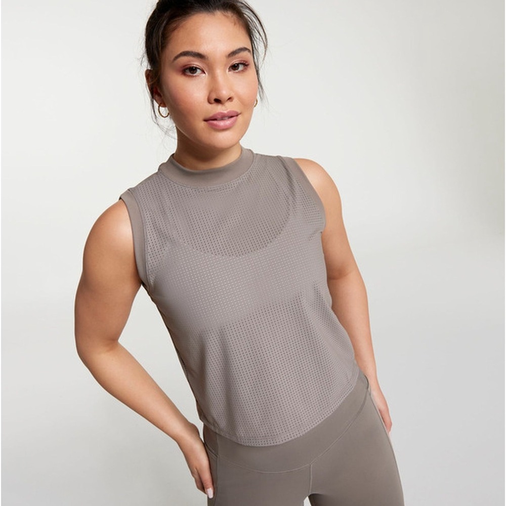 Calia Open Mesh Mock Neck Tank Relaxed Fit Muscle Tank Gray Taupe Size Small
